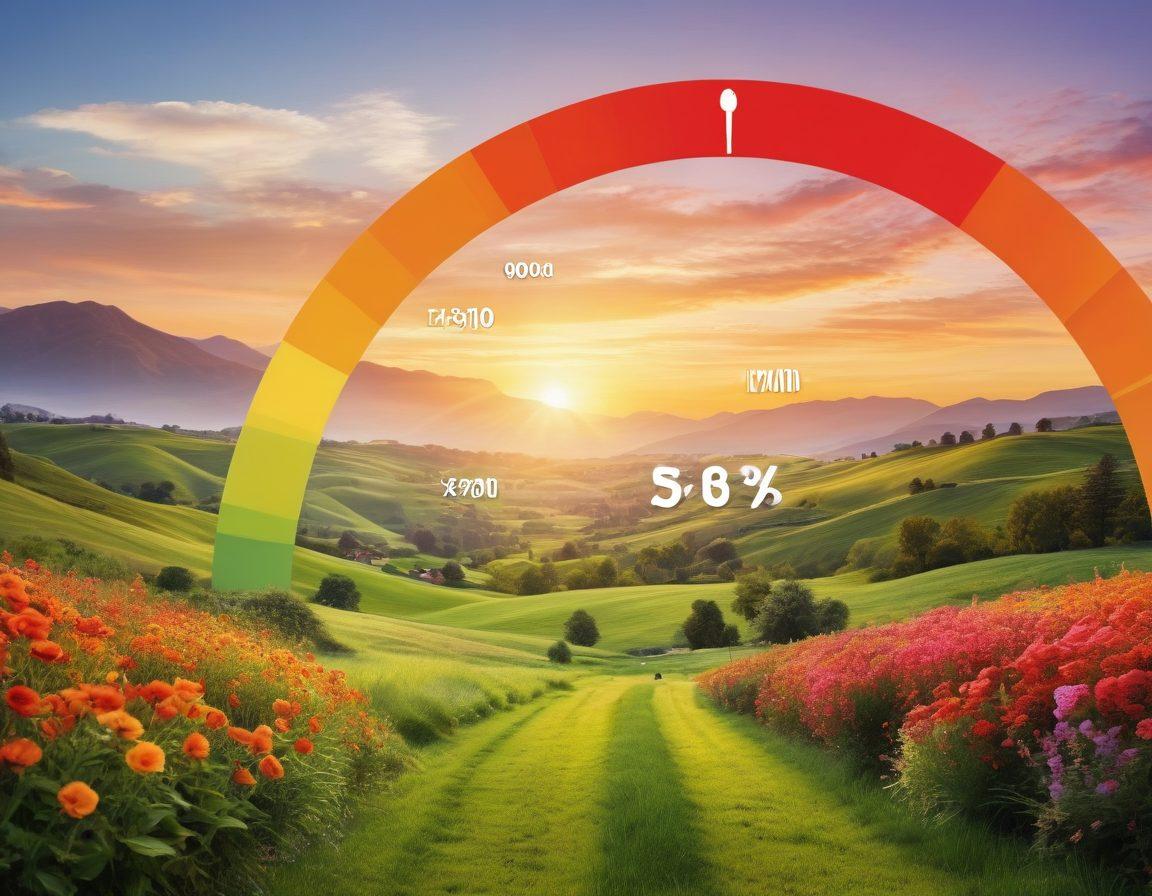A serene landscape featuring a bright sunrise over rolling hills, with a diverse group of people joyfully engaging in activities like gardening and exercising. In the foreground, a large, glowing representation of a credit score meter shifts from red to green, symbolizing progress and happiness. Soft, warm colors exude a sense of wellness and positivity, reflecting the theme of financial empowerment. Painting. vibrant colors.