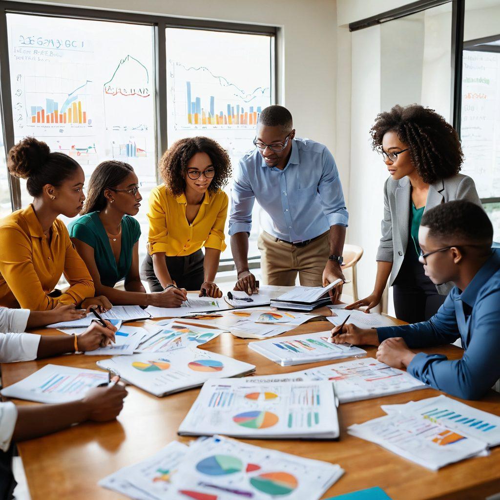 A visually engaging scene depicting a diverse group of people gathered around a large table covered with financial books, charts, and calculators, deep in discussion. In the background, a whiteboard filled with colorful diagrams illustrating budgeting and investment strategies. Bright sunlight filters through a window, enhancing the atmosphere of learning and collaboration. Focus on expressions of empowerment and curiosity. super-realistic. vibrant colors. soft-focus background.
